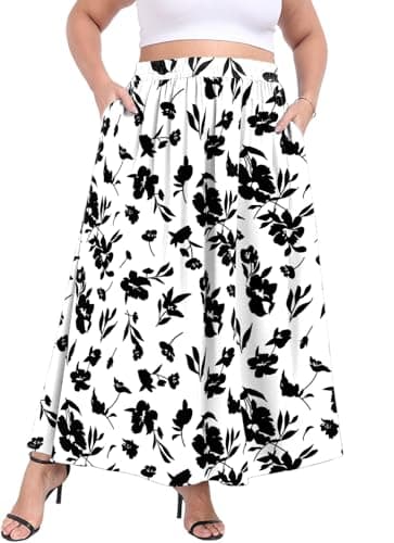 Lastshe Plus Size Maxi Skirts for Women Summer Business Work Elastic High Waisted Hide Drawstring Flowy A-line Long Skirt with Pockets,Print Black,1X - Thumbnail 2