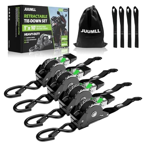 JUUMLL Retractable Ratchet Straps (4-Pack) 1” x 10ft - 1,650lb Break Strength, Heavy-Duty Auto Retracting Tie Down Straps for Cargo, Motorcycle, ATV, UTV, Kayak & Outdoor Transport