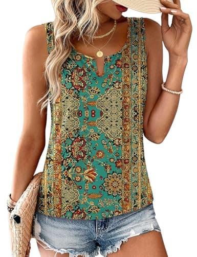 JUSTFASHIONNOW Boho Tank Tops for Women V Neck Sleeveless Tops Dressy Casual Blouses Work Shirts Summer Beach Vacation Clothes(Cyan, Medium) - Image 1