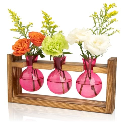 XXXFLOWER 3 Bulb Glass Propagation Station with Wooden Stand, Propagation Vase Propagated Plant Holders Tabletop Planter, Gardening Hydroponics Gifts Home Office Indoor Decor (Pink) - Image 1