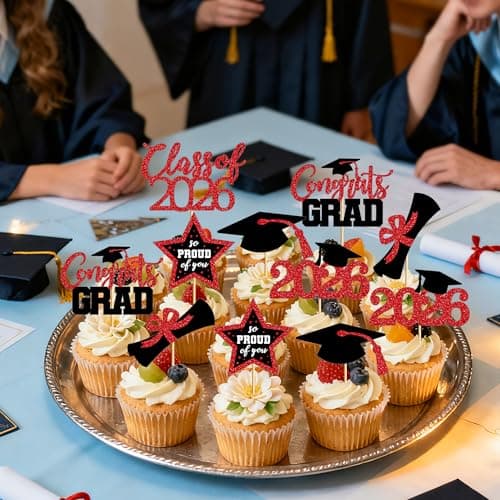 48 PCS Graduation Cupcake Toppers, Glittery 6 Styles Congrats Grad Cake Topper, Black and Red Graduation Decorations 2026, Cap and Diploma Cake Picks for Grad Party Supplies - Thumbnail 4