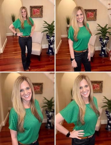 JUSTFASHIONNOW Womens Short Sleeve Blouses Business Casual Tops Crew Neck Basic Tees Textured Work Shirts Cute Office Outfits(Green,M) - Thumbnail 5