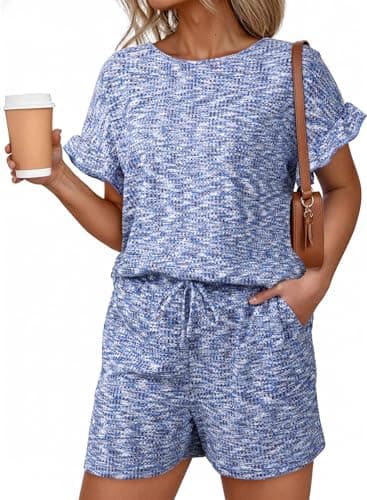 Dokotoo Women's 2 Piece Outfits Summer Casual Short Sleeve Top and Shorts Set Soft Lounge Matching Sets for Vacation Going Out with Pockets Sky Blue Small - Image 1