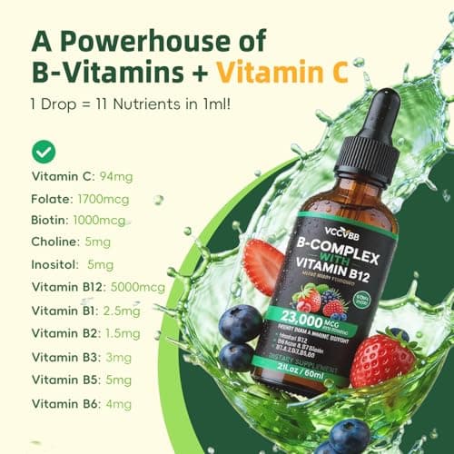 Vitamin B Complex Drops, Active B12 Methylcobalamin 5000mcg, B6, B1, B2, B5, B7, B3, Folate with Vitamin C, B12 Sublingual Liquid Fast Absorption | Boost Energy, Focus & Immunity, Vegan | 60 Servings - Thumbnail 2