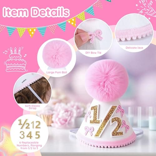 UTOLOVE Handcrafted Felt Birthday Hat with Pompom - Adjustable Cone Hat for 1st, Half to 5th Birthday Party Decorations - Baby & Kids Celebration Photo Prop Crown- White&Pink - Thumbnail 2