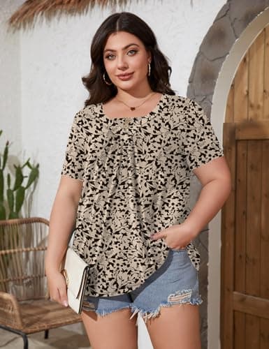 TFSDOD Womens Plus Size Tops Short Sleeve Shirts for Women Floral Printed V-neck Shirts Button Up Pleated Outfits Spring Dressy Casual Tees Apricot Black Floral 5XL - Thumbnail 2