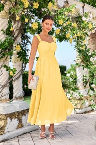 2025 Women's Summer Sleeveless Off Shoulder Floral Flowy A Line Maxi Dresses Light Yellow XL - Thumbnail 2