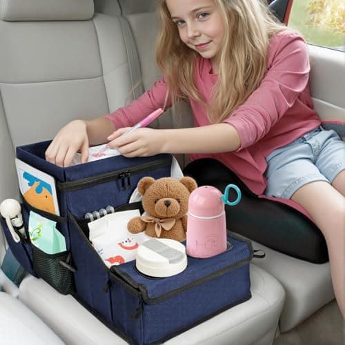 Car Seat Organizer, Backseat Car Organizer with Cup Holder Tray and Storages for Kids and Adults, Portable Travel Cooler for Car for Front or Back Seat Passenger Organizer Ccompartment (Navy Blue) - Image 1