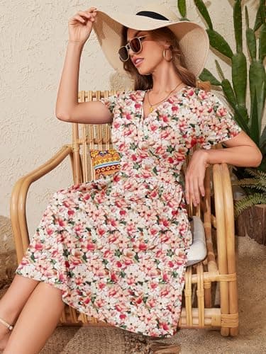 Heymoments Women's Summer Comfy Swing Sundress Creamy Vintage Blossom Small Short Sleeve Casual Midi Dress Wrap V Neck A-Line Classy Beach Vacation Teacher Dresses with Pockets - Thumbnail 3