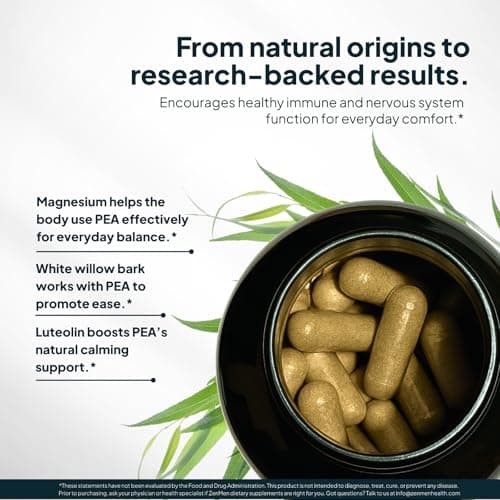 Palmitoylethanolamide (Pea) 600mg - Third Party Tested - with Luteolin, White Willow Bark, Magnesium - Supports Healthy Immune & Nervous Systems, Joints & Sciatic Nerve Relief - 60 Vegan Capsules - Thumbnail 6