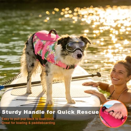 Mklhgty Dog Life Jacket, Reflective & Adjustable, Hawaiian Style, for Small Medium Large Dogs, Polyester & Cotton, Floral Pink, L - Thumbnail 2