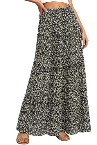 BTFBM Floral Maxi Skirts for Women Summer Spring 2026 Elastic Waist Tiered Flowy Beach Vacation Boho Midi Long Skirt(Floral Black Yellow, XX-Large) - Image 1