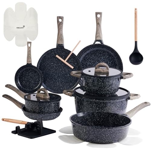 Pots and Pans Set Non Stick Non-Toxic 22 Pcs Ceramic Cookware Sets Nonstick Kitchen Pot&Pan With Lid Black Granite Induction Compatible with Glass Lids Crepe Frying Pan PFOA/PFOS-Free - Image 1