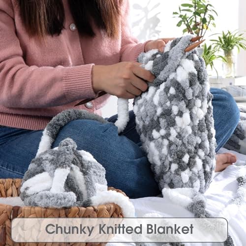 HOMBYS Chunky Tie Dye Mix Chenille Yarn for Hand Knitting, Super Bulky Jumbo Yarn for Crocheting, 3/4" Thick Soft Plush Yarn for Blankets, 8 Skein Pack (26 yds / 7.5 oz Each) Dark Grey Grey White - Thumbnail 3