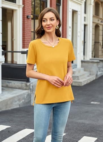 Herou Round Neck T Shirts Women Ladies Short Sleeve Cute Summer Tops Side Split Ginger Small - Thumbnail 2