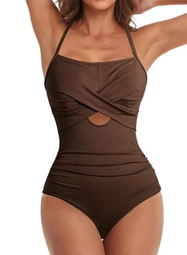 Dokotoo Womens Plus Size Swimsuit One Piece Twist Front Adjustable Spaghetti Straps Rib Knit Bathing Suit Beach Vacation Tummy Control Beach Wear Solid Monokini Swimwear Dark Brown XX-Large - Image 1