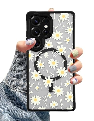 Aitipy Compatible with MagSafe Case for Samsung Galaxy S25 Ultra, Cute Daisy Aesthetic Flower Pattern Magnetic Design Phone Case, Soft TPU Protective Phone Cover for Women Girls-Black