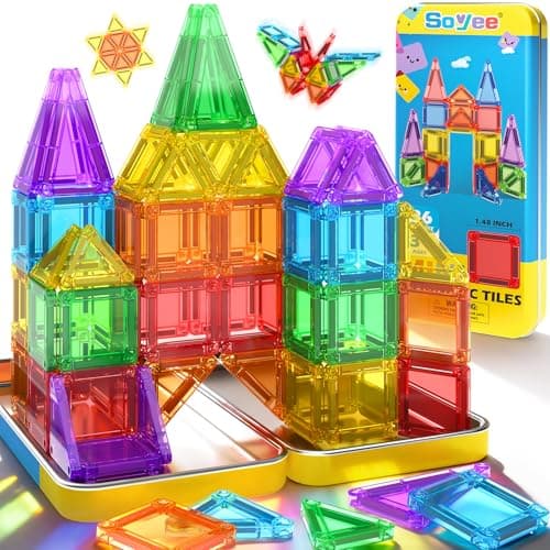 Soyee Mini Magnetic Tiles Travel Toddler Toys with Metal Tin Portable STEM Building Kids Toys for 3 4 5 6 7 8+ Years Old Boys & Girls & Birthday Gifts - Image 1