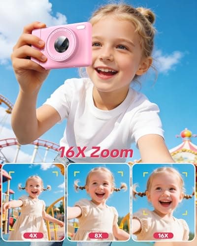 W & O Digital Camera,Kids Camera,Point and Shoot Digital Cameras for Kids,with 2.8" LCD Screen,64MP,16X Zoom,Built-in Game & SD Card for Boys & Girls(Sakura Pink) - Thumbnail 3