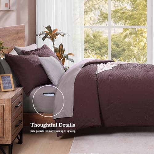Geniospin Full Size Comforter Set - 7 Pieces Purple Bedding Set, Botanical Textured Comforter Set, All Season Comfortable Bed in a Bag with Comforter, Sheets, Pillowcases & Shams - Thumbnail 3
