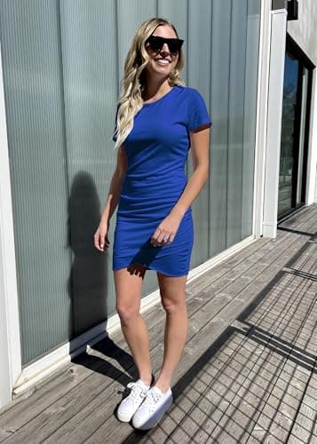 BTFBM Women’s Summer Dresses 2026 Casual Bodycon Mini Dress Short Sleeve Crew Neck Mini Ruched Spring Beach Vacation Outfits(Dark Blue, Small) - Thumbnail 6