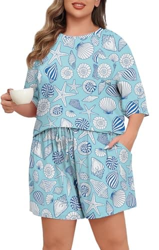 Lastshe Pajamas Set Women's Plus Size 2 Piece Soft Short Sleeve with Pockets Shorts Sleepwear Knit Pjs Loungewear Summer,Light Blue Shells,2X - Thumbnail 4