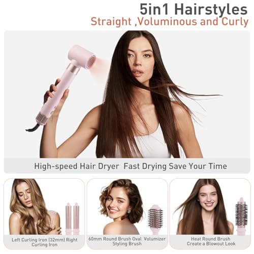 TANSHINE Blow Dryer Brush Set,5 in 1 Professional Hot Air Styler Hair Dryer Brush Styler,High-Speed Dryer Air Curler for Fast Drying Curling Volumizing Straightening Styling,Ionic Technology,Pink - Thumbnail 2