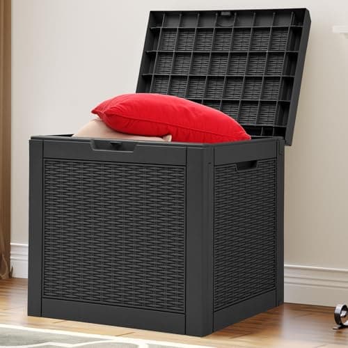 YITAHOME 32 Gallon Rattan Deck Box, Indoor Outdoor Storage Box for Patio Furniture, Pool Accessories, Cushions, Garden Tools, Sports Equipment, Waterproof Resin with Lockable Lid & Side Handles, Black - Thumbnail 6