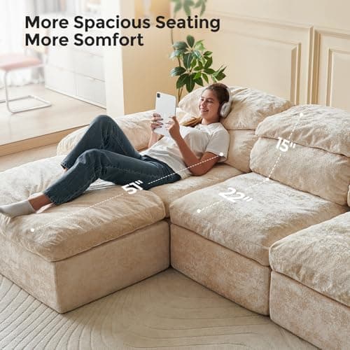 Ayovoch Boneless Couch, L Shaped Cloud Couches for Living Room, Comfy Fluffy Modular Sectional Sofa, Deep Seat Memory Foam Lounger with Left Facing Chaise, Free Combination, Beige - Thumbnail 3