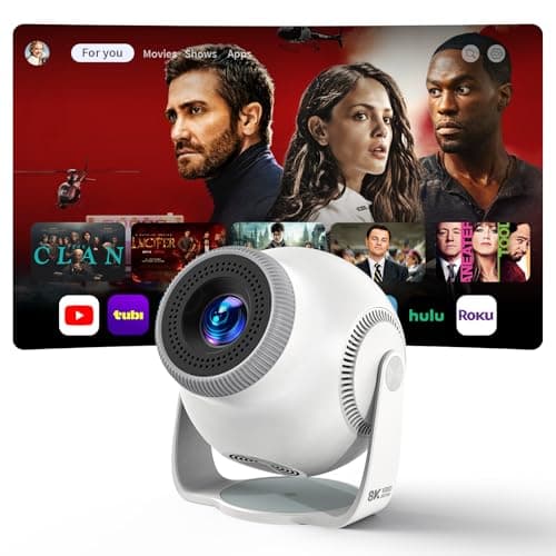 Smart Mini Projector with Android 14 OS, 1080P/4K/8K Video Decoding, WiFi 6 & Bluetooth 5.4, 270° Rotatable Stand, Auto Vertical Keystone, Portable Proyector for Bedroom & Home Entertainment(White)