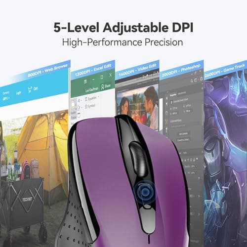 TECKNET Wireless Mouse, 2.4G Ergonomic Optical Mouse, Computer Mouse for Laptop, PC, Computer, Chromebook, Notebook, 6 Buttons, 24 Months Battery Life, 2600 DPI, 5 Adjustment Levels - Purple - Thumbnail 6