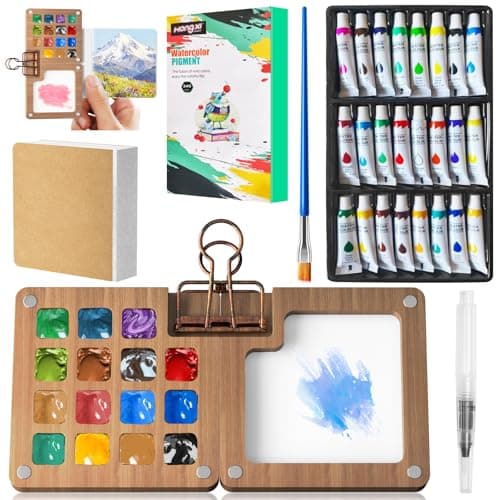 polsmtx Watercolor Paint Set, Mini Watercolor Travel Set, Pocket Watercolor Set With15 Grids Portable Wooden Paint Palette & 24 Paints, Tiny Gift, for Outdoor Hiker Recreationist - Image 1