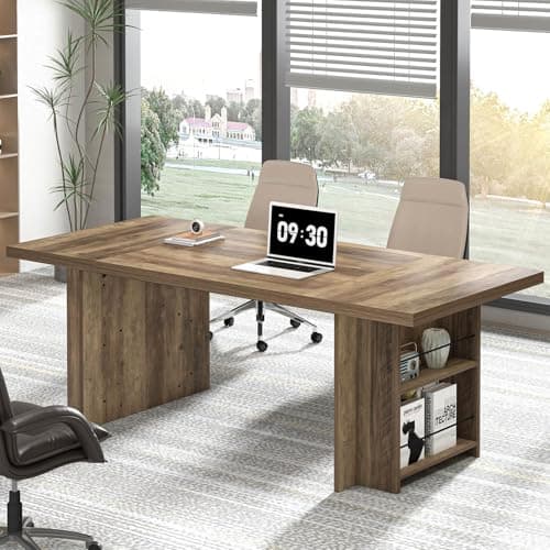 FOLUBAN 70 Inch Executive Desk, Large Computer Office Desk with Side Storage Shelves, Industrial Wood Conference Table Workstation, Long Writing Study Work Table for 2 Person, Rustic Oak - Image 1