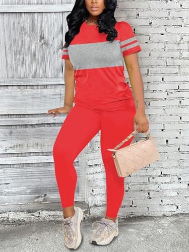 Hakubeby Two Piece Sets for Women Summer Short Sleeve Striped Crewneck Slim Fit Active Casual Sweatsuits Red Medium - Thumbnail 4