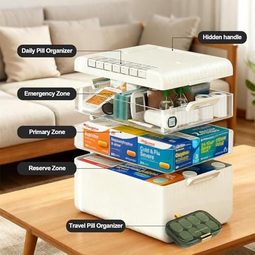 Dizaolive Large Medicine Cabinet Pill Organizer 3 Tier First Aid Storage with Foldable Handle Household Essentials Emergency Use - Thumbnail 4