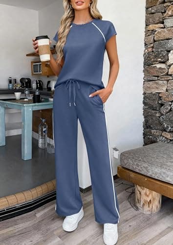 PRETTYGARDEN Women's 2 Piece Lounge Sets 2026 Summer Cap Sleeve Tops Wide Leg Pants Travel Outfits Matching Fashion Clothing (Dusty Blue,Large) - Thumbnail 3