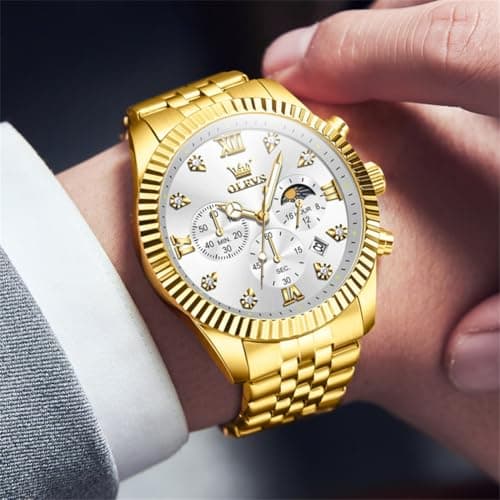 OLEVS Watches for Men Gold Stainless Steel Band, Classic Quartz Analog Wristwatch, White Dial Men's Dress Watch for Business and Daily Wear - Thumbnail 2