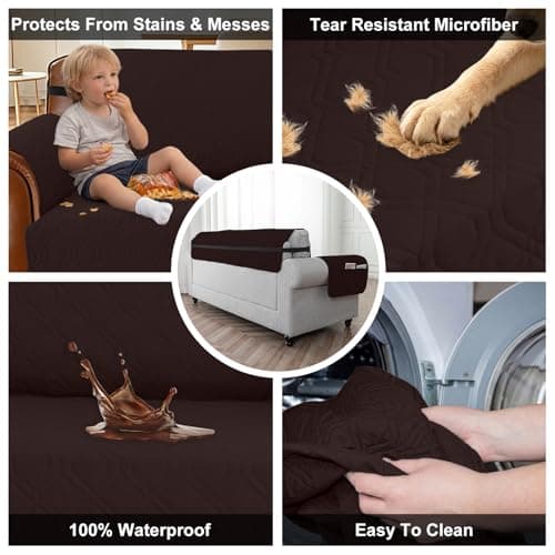 Eusalioy 100% Waterproof Couch Cover for Armchair, Anti-Slip Washable Sofa Cover with Elastic Straps & Side Pockets, Durable Furniture Protector for Kids, Pets & Dogs (23", Chocolate) - Thumbnail 3