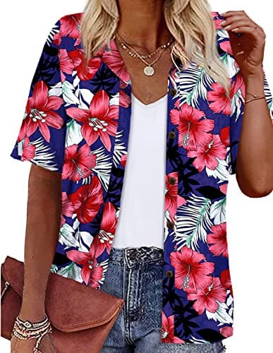 LILYCHIC Womens Hawaiian Shirts Button Down Short Sleeve Casual Floral Tropical Summer Beach Cool Button Up Tops Blue M - Image 1