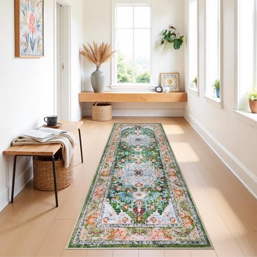 U'Artlines 2' x 6' Boho Hallway Runner Rug, Non Slip Washable Vintage Farmhouse Kitchen Rug Accent Area Carpet for Entryway Laundry and Living Room (Green) - Thumbnail 5