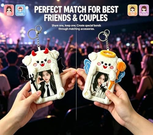 DegoCython Photocard Holder, 2 Pack Angel & Devil Puppy Pair, Plush Photo Card Keychain, Clear Protective Sleeve, 3 Inch Size, Dual Hanging Clasps for Kpop Fans Backpack Charm Gift Concert - Thumbnail 3