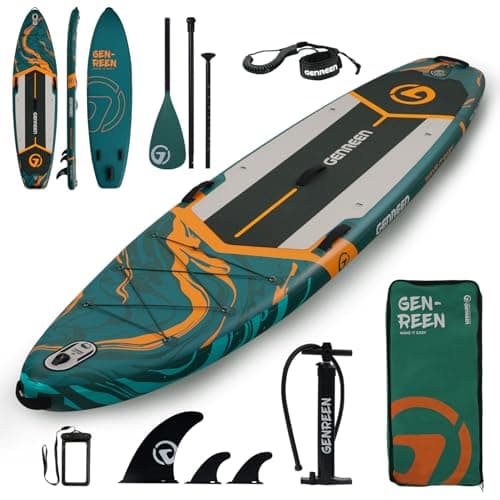 Genreen Paddle Board Stand Up Paddle Board Inflatable SUP 11'34"6" with 5 Grips 3 Fins EVA 0.5cm Ultra Stable Wide 450lbs Capacity for Water Sports Yoga Fishing Jungle Green with Bright Green Edge - Image 1
