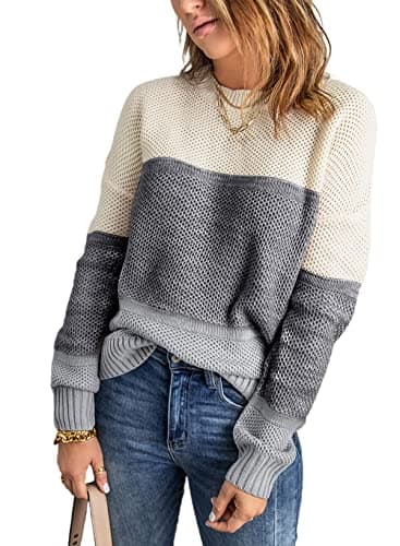 Dokotoo Women's Color Block Sweaters Winter Crewneck Long Sleeve Striped Fall Sweaters for Women Comfy Loose Knit Jumpers Pullovers Tops Gray Small - Image 1
