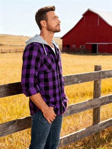 3-Pack Men's Plaid Hooded Button-Up Shirts Long Sleeve Cotton Hoodies Loose Fit Casual Tops Flannel Shirt - Thumbnail 4