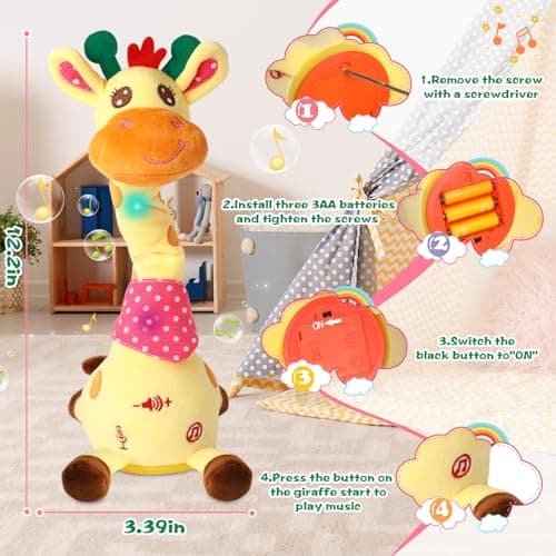 MIAODAM Dancing Talking Giraffe Stuffed Animals, Singing 10 Children's Song, Repeats What You Say, Colorful Glowing Giraffe Plush Baby Toys for Toddlers 1-3 Years，Easter Day Gifts for Kids - Thumbnail 5
