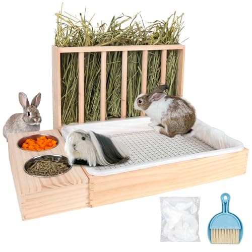 BESNEW 3 in 1 Rabbit Hay Feeder with Litter Box,Upgraded Wooden Hay Feeder Set for Guinea Pig Chinchilla Bunny Other Small Animals,Quick Cleaning & Large Capacity & Preventing Waste