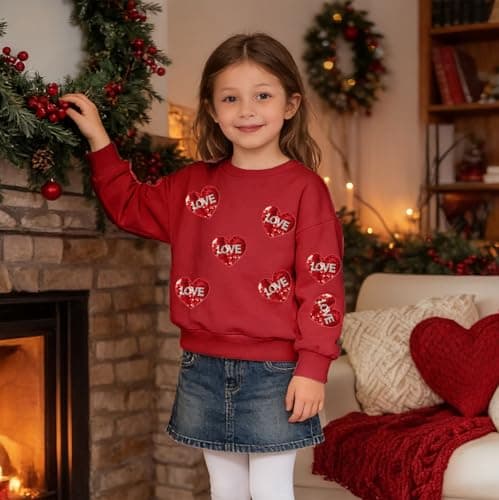 Eatbook Toddler Girl Valentine Sweatshirt Sequin Kids Valentine's Day Shirt Valentine Heart Crewneck Sweatshirt Red - Thumbnail 6
