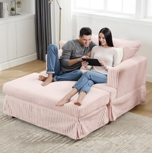 Indoor Chaise Lounge Chair with Ottoman, Comfy Faux Fur Plush Corduroy Lounge Sofa, Modern Cloud Couch Chair with Wide Armrests (Pink (No Storage)) - Image 1