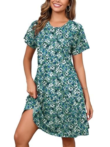 Heymoments Women's Short Sleeve Dress Floral Print Small Round Neck Casual Flowy Midi Sundress Comfy Tshirt Ladies Teachers Summer Beach Swing 2025 Novelty Boho Dresses with Pockets - Image 1