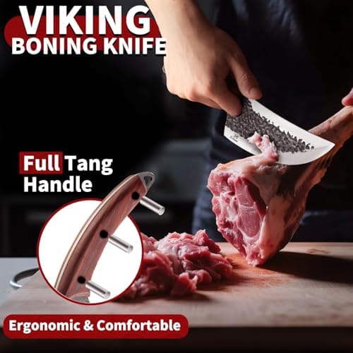 Ethyxe Butcher Knife Set – 3PCS Hand Forged Kitchen Knife Set with Serbian Chef Knife, Viking Boning Knife & Meat Cleaver, High Carbon Steel for Meat Cutting, Outdoor BBQ, Camping, Gift for Men - Thumbnail 5